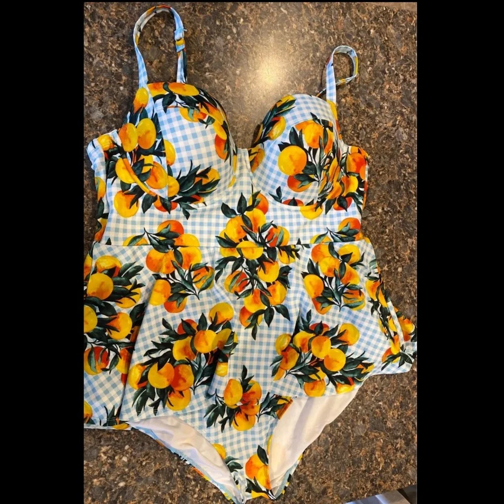 Torrid gingham and oranges peplum vixen swimsuit 3F